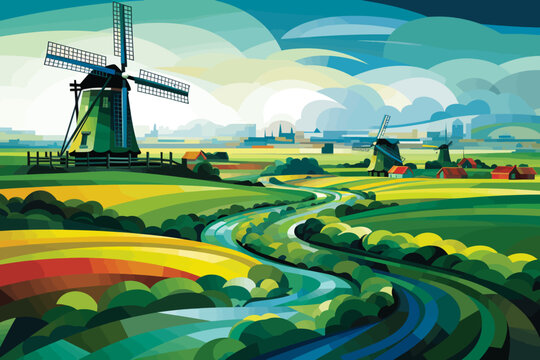 a painting of a windmill in a green landscape