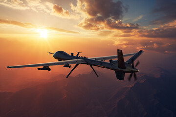 military drone flying against the sky at sunset