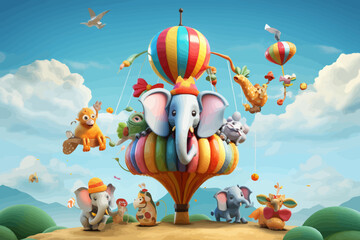 a group of animals flying around a hot air balloon