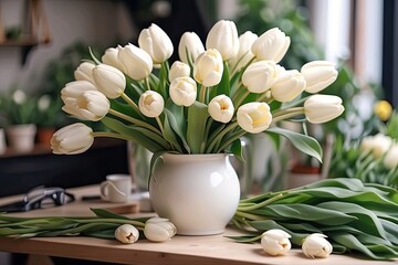 White bouquets of tulips in a flower shop - fresh cut flowers in boxes and vases in a warehouse and racks for sale, delivery for the holiday. Spring, March 8, women's Day, birthday.