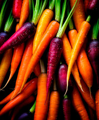 Rainbow carrots close up, vegetable background, top view