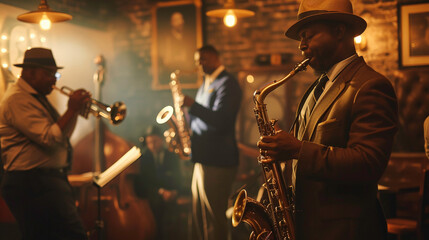 Blues musicians performing in a New Orleans jazz club