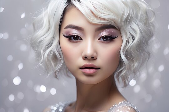 closeup beautiful woman with creative makeup with glitter, festive makeup for a party, new year, disco, holiday