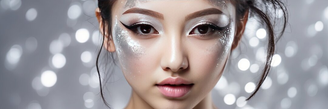 closeup beautiful woman with creative makeup with glitter, festive makeup for a party, new year, disco, holiday