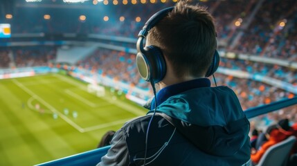 Football commentator in headphones looks from above at a football match