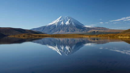 Naklejka premium Proud snow capped mountain reflected in a calm glassy lake