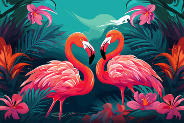 two flamingos are standing in the middle of a jungle