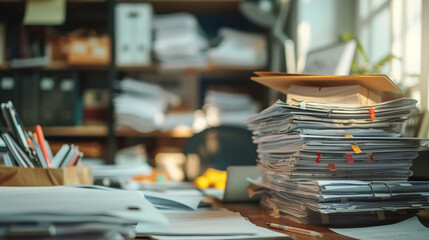 Piles of paperwork on a desk reflecting workload