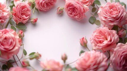 Pink roses on a white background forming a chic wreath frame, perfect for stylish apartment decor.