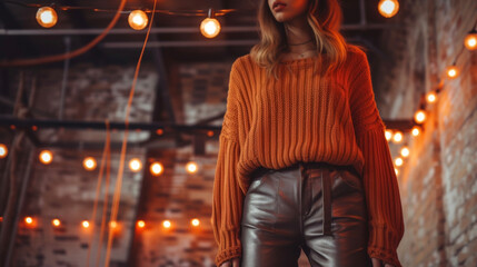 Obraz na płótnie Canvas A chunky knit sweater in a warm orange tone paired with faux leather pants and metallic silver loafers. The background is an industrial setting with exposed brick walls and