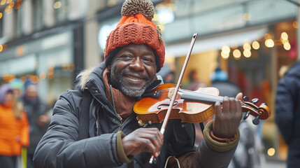 Street performer playing violin in a busy city - obrazy, fototapety, plakaty
