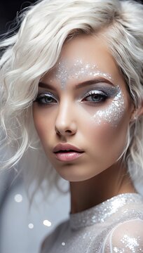 closeup beautiful woman with creative makeup with glitter, festive makeup for a party, new year, disco, holiday.