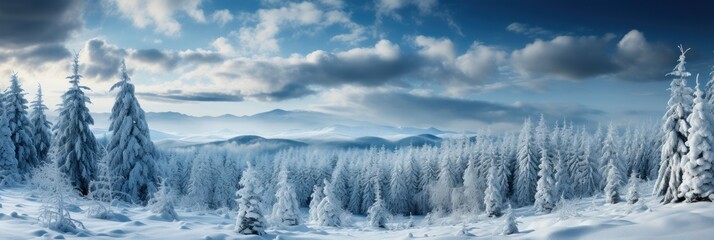 A winter scene with snow-covered landscape and a group of trees.