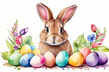 Watercolour cute Easter bunny with multicolored eggs and spring flowers is an illustration of a children character on a white background, a traditional holiday card.