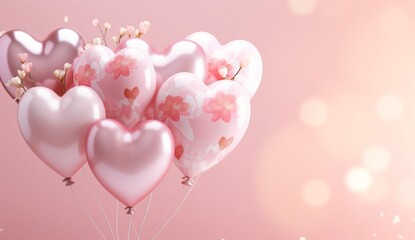 valentine's day romantic bouquet balloons with white or pink hearts on a pink background