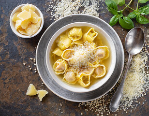 Tortellini in a bowl on a wooden table