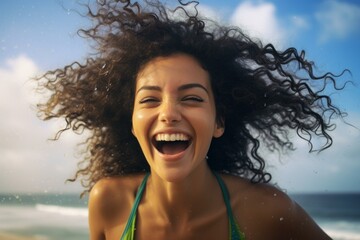 Cheerful Happy Brazilian girl in kindergarten. Playful little kid in positive mood. Generate ai