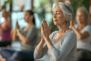 Fototapeta premium woman is doing yoga in a yoga class with other people in the background