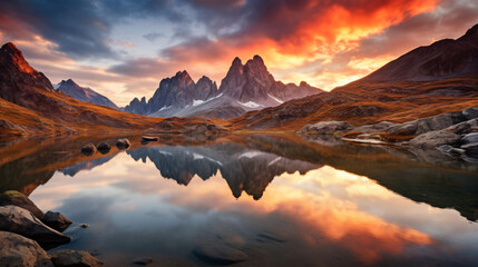  mountains reflected in lake at sunset in autumn.