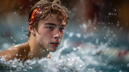 Competitive swimmer racing in pool, generative ai