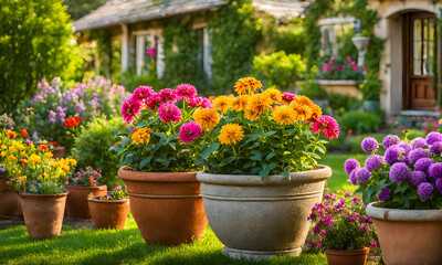 An array of terracotta flowerpots cradling an assortment of colorful flowers, captured with a shallow depth of field