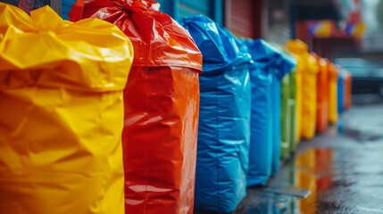 Colorful Eco-Friendly Urban Waste Management. The close-up reveals an array of eco-friendly garbage bags and bins, highlighting sustainable practices, enhanced by Generative AI.