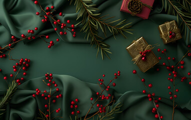 green christmas background with gifts and christmas tree branches