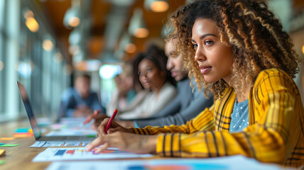 Obraz premium close up The multi-racial diverse group of people working with paperwork on a board room table at a business presentation,generative ai