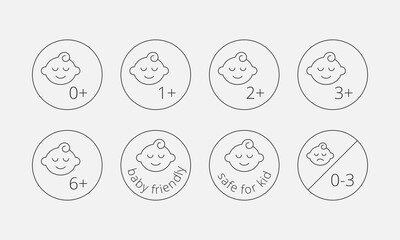 Baby ages prohibition sign, line icon set. Baby products and packaging instructions symbols. Vector illustration
