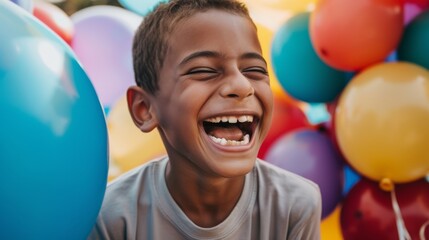 Fototapeta na wymiar Joyful Young Boy Laughing with Colorful Balloons AI Generated