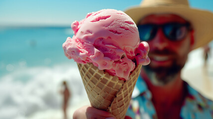 man wearing sea shirt hand holding pink icecream cone on the beach,