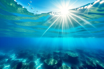 Fototapeta na wymiar Background view from under the blue water of the ocean with the sun's rays breaking through.