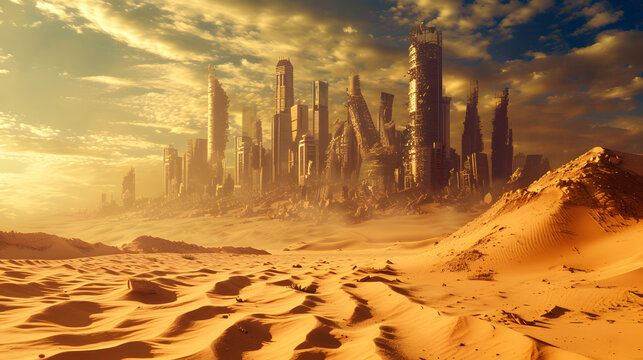 A post apocalypse desert with ruined city sky scraper in the distance

