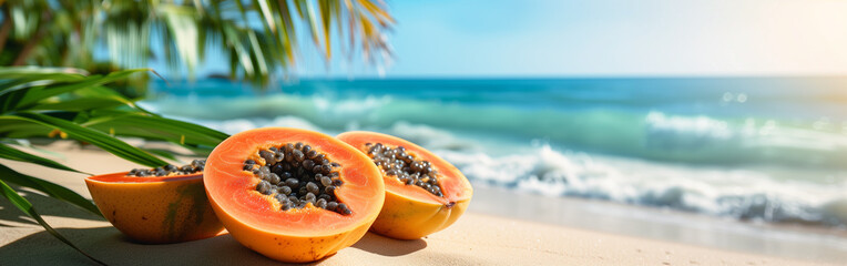 Slice papaya on the tropical beach