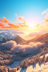 Breathtaking view of a sunrise illuminating a snow-covered mountainous landscape with vibrant hues of orange and yellow in the sky.