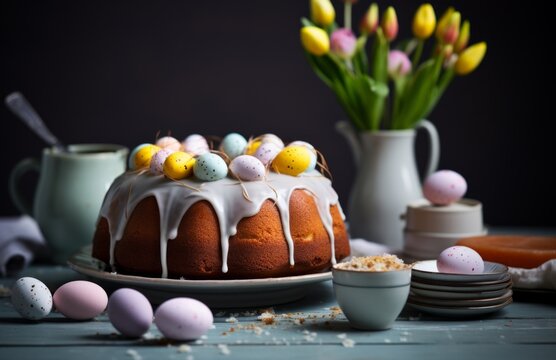 easter bundt cake with eggs and frosting on a gray table in a kitchen