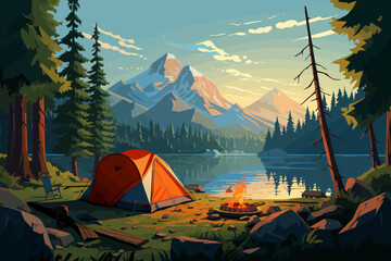 a camp site with a tent and a campfire in the foreground - obrazy, fototapety, plakaty