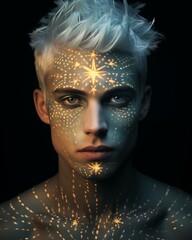 Young man with white hair and glowing tattoos on his body. Black and gold painted luminous galaxies and stars. Star seed. Indigo children.