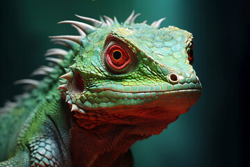 Bright lizard on a green tropical background. Close-up of the head of a green lizard with red eyes.