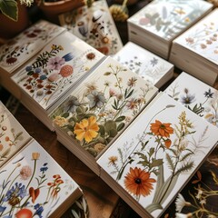 Naklejka na ściany i meble Artistic Collection of Botanical Illustration Sketchbooks on Wooden Table