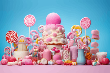 Fototapeta na wymiar a pink and white cake surrounded by candy and lollipops