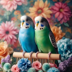 two budgies on a stick