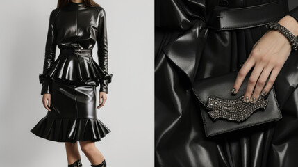 A black leather midi dress with a peplum waist and long sleeves paired with spy sandals and a studded clutch. This sophisticated and sustainable look is perfect for a date