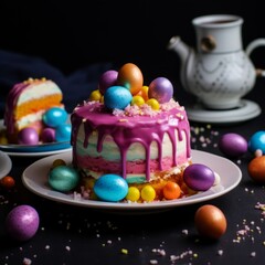 cakes decorated with colored eggs on a plate