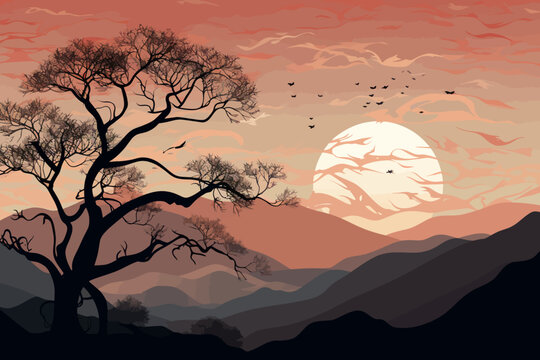 a painting of a sunset with a tree in the foreground