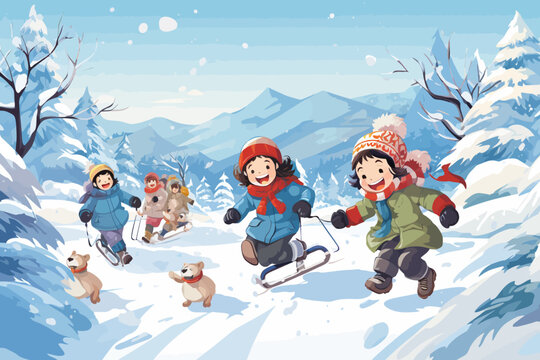 a group of children playing in the snow