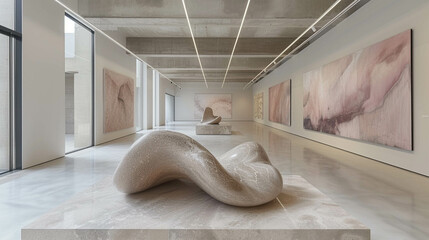 A modern gallery with minimalist design, featuring large walls for art and elegant lighting that...