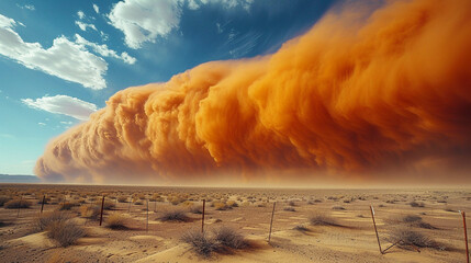 A sudden dust explosion in the desert casts a majestic cloud, creating intricate shadows and patterns on the sand below