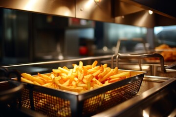 french fries at cooks in an industrial food preparation kitchen chef