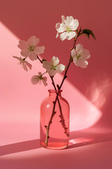 two tiny white sakura flowers in a vase on the pink b